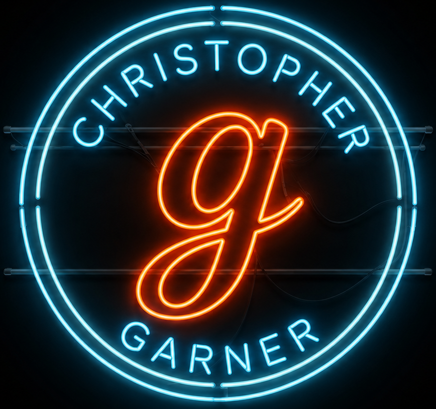 Neon sign reading Christopher Garner around a script g